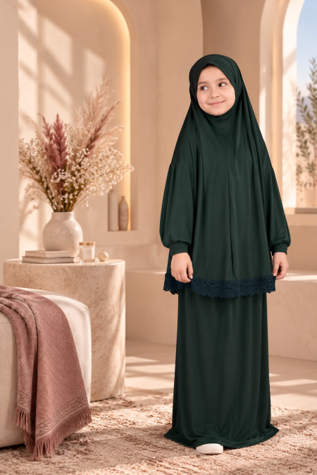 طقم صلاة بناتي ومحير ليكرا مع دنتيل