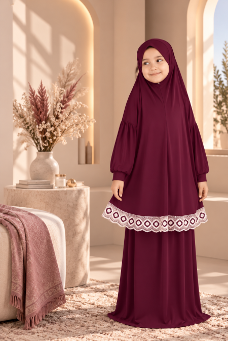 طقم صلاة بناتي ومحير ليكرا مع دنتيل